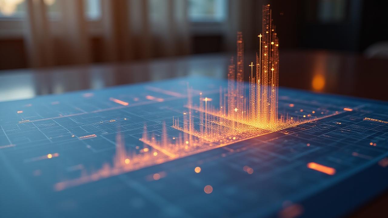 Architectural blueprints overlaid with digital financial growth charts